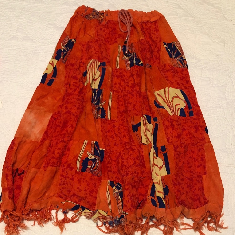 Boho Orange Patchwork Maxi Skirt with Tassel Hem one size multi color block